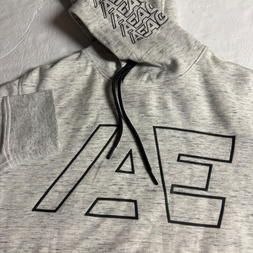 American Eagle Mens Space Dye Pullover Hoodie Gray AE Logo Sweatshirt Large
